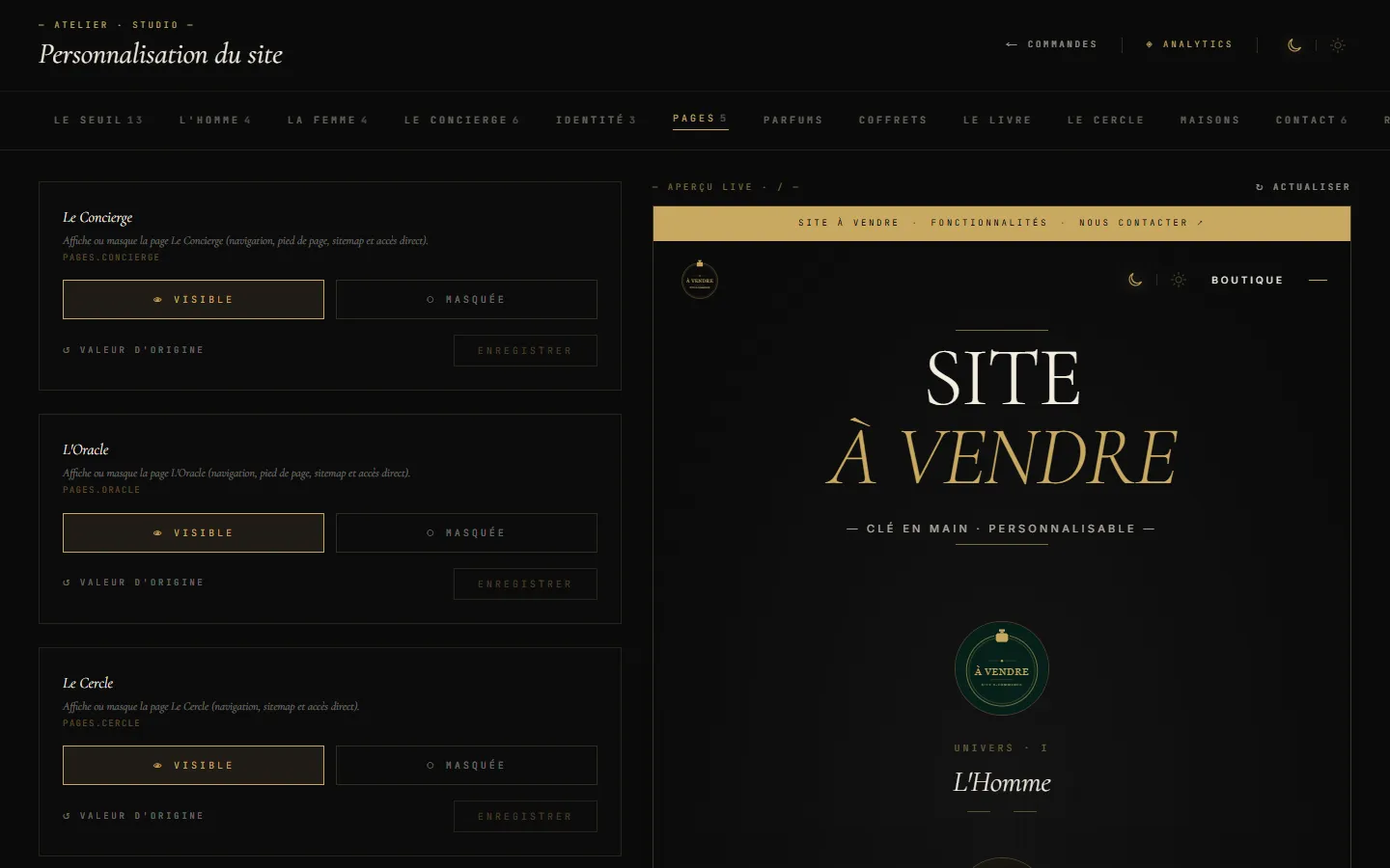 Studio — visibilité des pages et textes du site